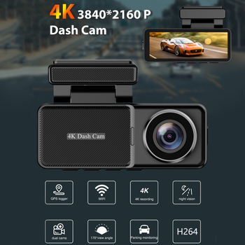 4K dash cam s prednjim i stražnjim snimanjem, 170° široki kut, noćni vid, Wi‑Fi