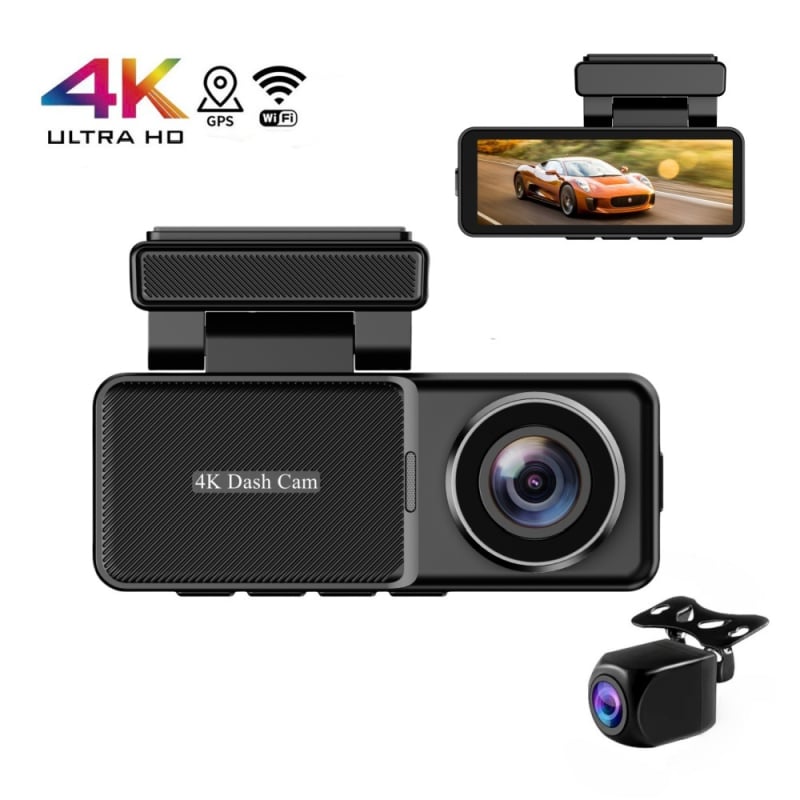 4K dash cam s prednjim i stražnjim snimanjem, 170° široki kut, noćni vid, Wi‑Fi