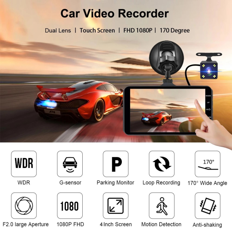 Automobilska kamera s prednjom i stražnjom dvostrukom lećom, 1080p, široki kut 140°, 4,0-inčni zaslon, cikličko snimanje