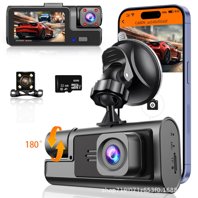 3-kanalna automobilska dash kamera: prednja, unutarnja i stražnja kamera, istovremeni prikaz, Wi-Fi, 3,0-inčni zaslon, 140° kut gledanja, 720p