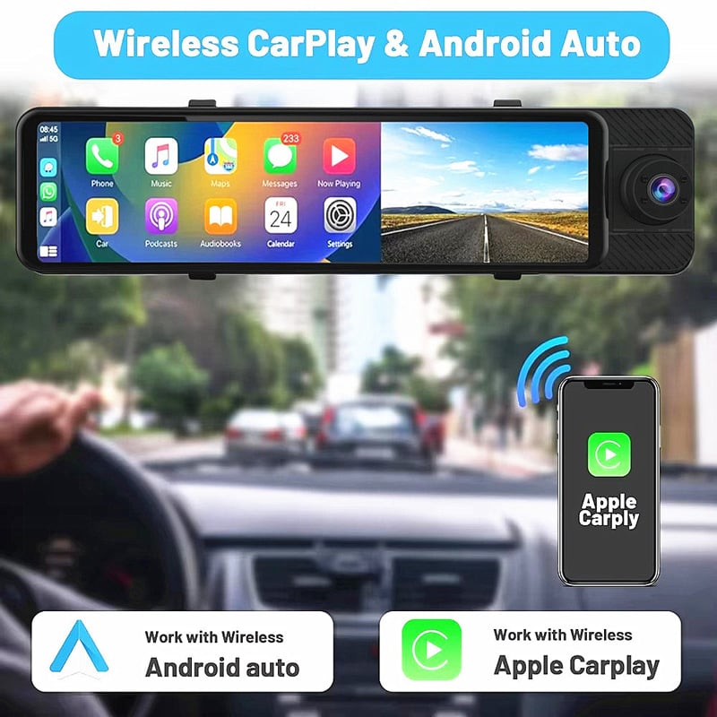 Trostruki objektiv auto dash cam s 12-inčnim dodirnim zaslonom, 1800P, Wi‑Fi, petlja snimanja