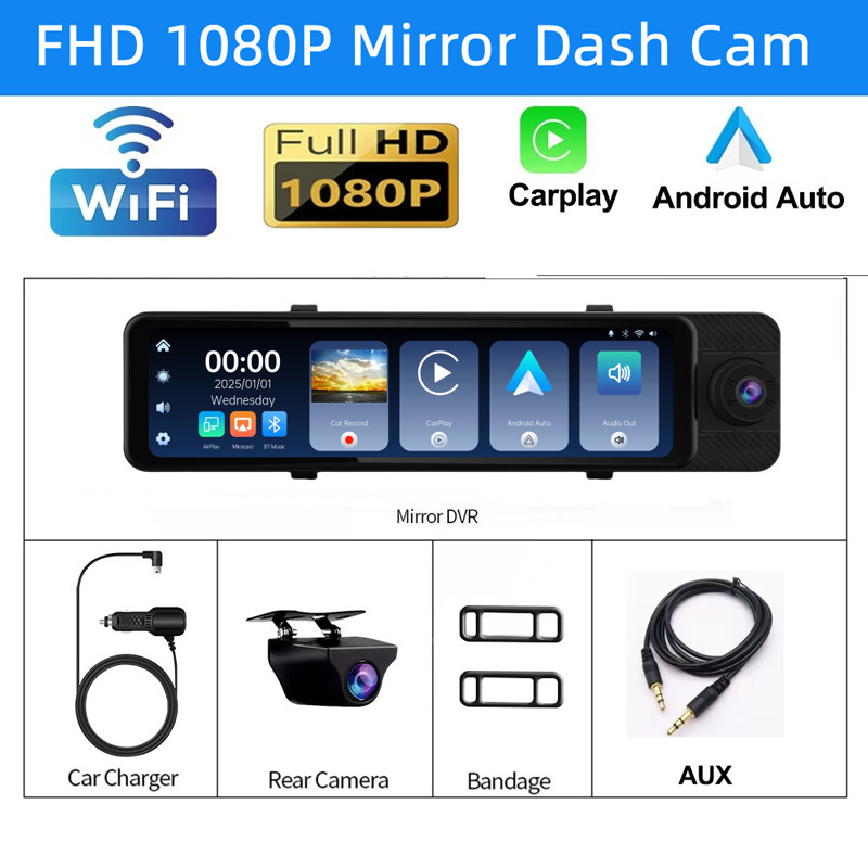 Trostruki objektiv auto dash cam s 12-inčnim dodirnim zaslonom, 1800P, Wi‑Fi, petlja snimanja