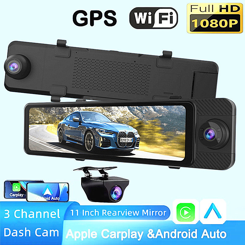 Trostruki objektiv auto dash cam s 12-inčnim dodirnim zaslonom, 1800P, Wi‑Fi, petlja snimanja
