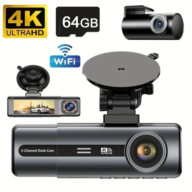 Dash kamera automobila 3,16 inča s Wi-Fi, trostruki snimak (prednji/stražnji/interijer), 4K