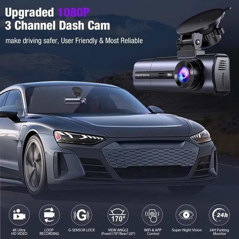 Dash kamera automobila 3,16 inča s Wi-Fi, trostruki snimak (prednji/stražnji/interijer), 4K