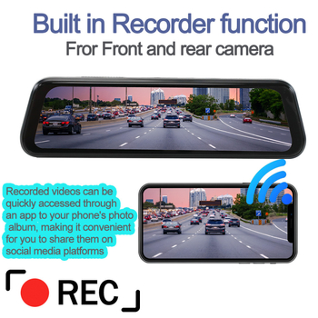 Carsanbo univerzalni clip-on dash cam za retrovizor, dvostruko snimanje sprijeda i straga, 1080p video, 9,66-inčni dodirni zaslon, 150° kut gledanja