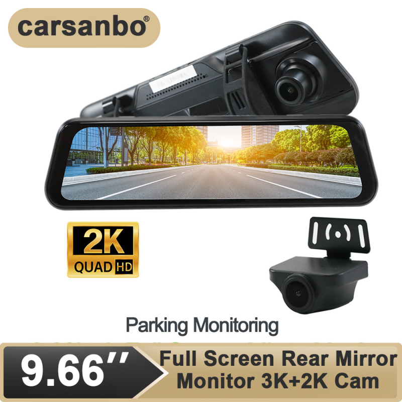 Carsanbo univerzalni clip-on dash cam za retrovizor, dvostruko snimanje sprijeda i straga, 1080p video, 9,66-inčni dodirni zaslon, 150° kut gledanja