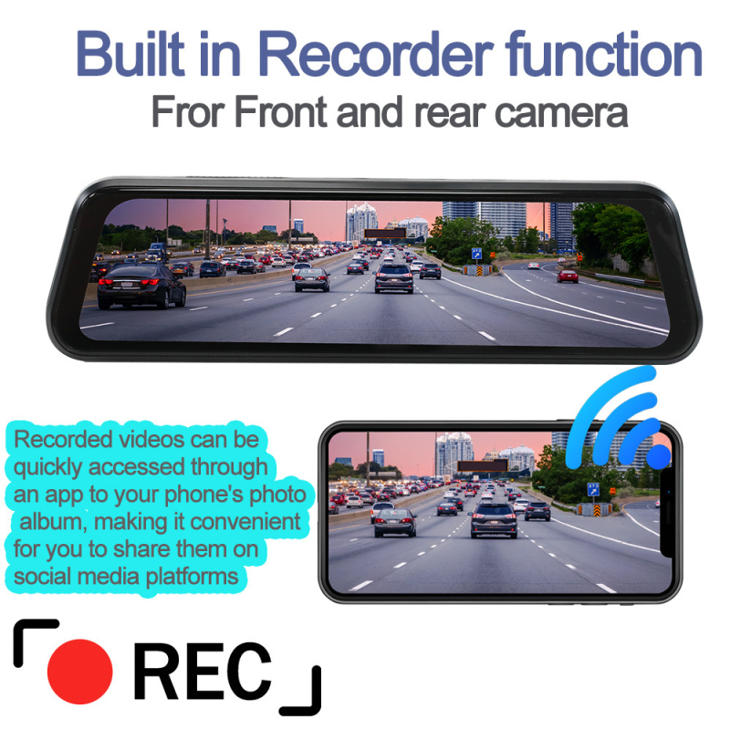 Carsanbo univerzalni clip-on dash cam za retrovizor, dvostruko snimanje sprijeda i straga, 1080p video, 9,66-inčni dodirni zaslon, 150° kut gledanja