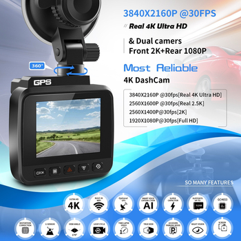 Dvostruki automobilski dash cam s rezolucijom 2160p, 150° kutom gledanja, GPS i Wi‑Fi, ciklično snimanje.