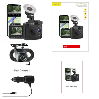 Dvostruki automobilski dash cam s rezolucijom 2160p, 150° kutom gledanja, GPS i Wi‑Fi, ciklično snimanje.