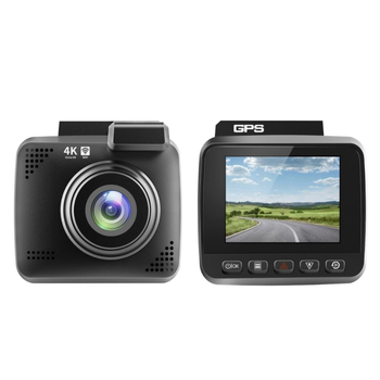 Dvostruki automobilski dash cam s rezolucijom 2160p, 150° kutom gledanja, GPS i Wi‑Fi, ciklično snimanje.
