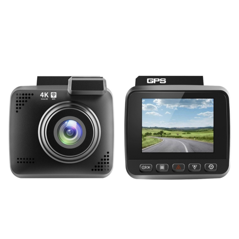 Dvostruki automobilski dash cam s rezolucijom 2160p, 150° kutom gledanja, GPS i Wi‑Fi, ciklično snimanje.