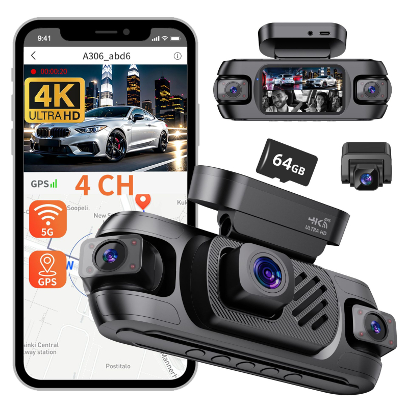 Automobilska kamera s IPS zaslonom od 3 inča, četiri objektiva, četiri kanala snimanja, GPS, noćni vid i Wi‑Fi
