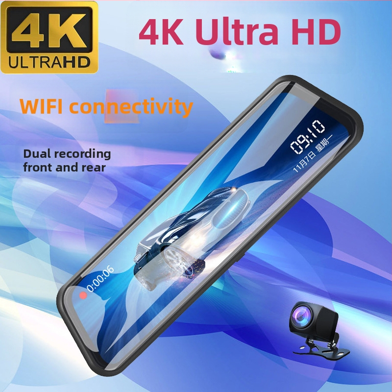 Nova 4K HD DVR za retrovizor, Wi‑Fi, dvostruki objektiv, reprodukcija na telefon, slika vožnje unatrag, zvjezdano noćno vidno, 10-inčni zaslon