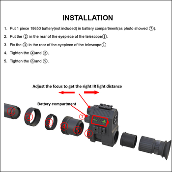 Telescop pentru vedere nocturnă infraroșu, mărire 1–4×, obiectiv 12/16 mm, distanță de vizibilitate 100–400 m, tensiune de funcționare 3.7V, greutate 0.295 kg