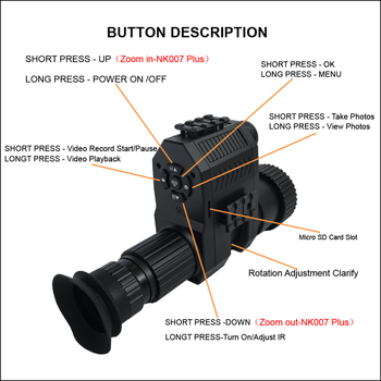 Telescop pentru vedere nocturnă infraroșu, mărire 1–4×, obiectiv 12/16 mm, distanță de vizibilitate 100–400 m, tensiune de funcționare 3.7V, greutate 0.295 kg