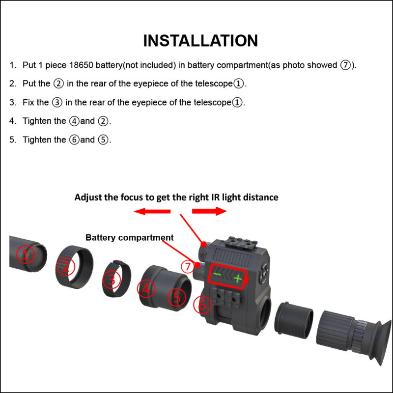 Telescop pentru vedere nocturnă infraroșu, mărire 1–4×, obiectiv 12/16 mm, distanță de vizibilitate 100–400 m, tensiune de funcționare 3.7V, greutate 0.295 kg