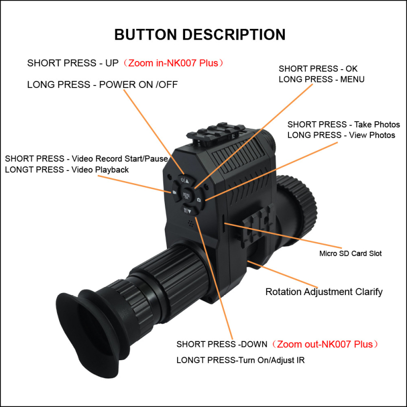 Telescop pentru vedere nocturnă infraroșu, mărire 1–4×, obiectiv 12/16 mm, distanță de vizibilitate 100–400 m, tensiune de funcționare 3.7V, greutate 0.295 kg