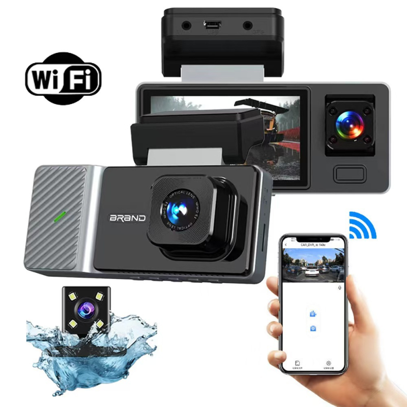 Κάμερα οδήγησης με τρεις φακούς, 1080p νυχτερινή όραση, Wi‑Fi, κυκλική καταγραφή, 150° ευρυγώνιο
