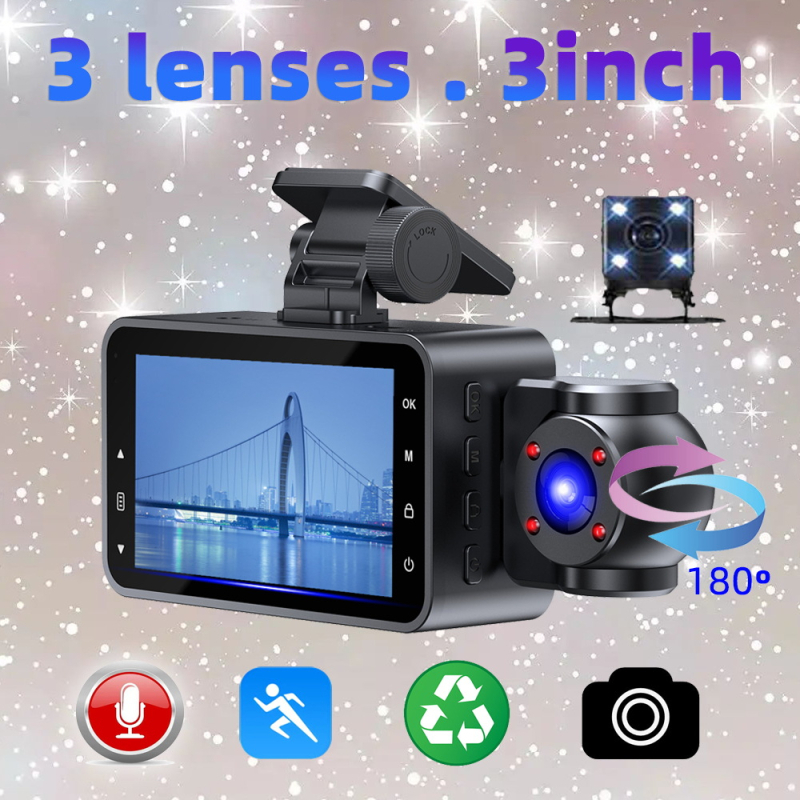 Autokamera 1080p HD s infracrvenim noćnim vidom, trostruko snimanje prednja i stražnja kamera, Wi‑Fi, 3,0-inčni zaslon