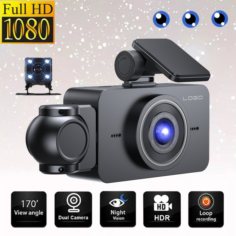 Autokamera 1080p HD s infracrvenim noćnim vidom, trostruko snimanje prednja i stražnja kamera, Wi‑Fi, 3,0-inčni zaslon