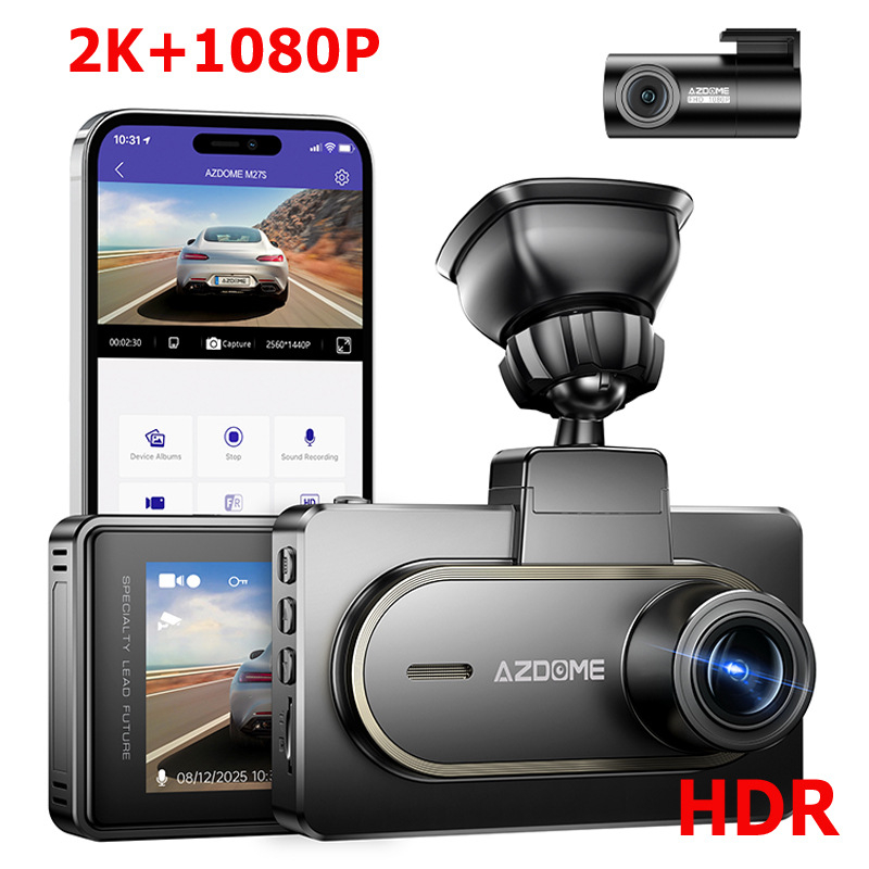 AZDOME dvostruka kamera za automobil M27S, 2K HD širokokutna, nadzor parkiranja i povratna slika, Wi-Fi, GPS