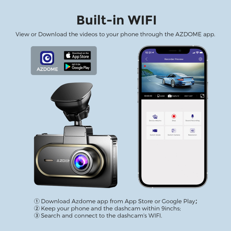 AZDOME dvostruka kamera za automobil M27S, 2K HD širokokutna, nadzor parkiranja i povratna slika, Wi-Fi, GPS