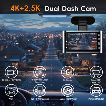 Dash κάμερα αυτοκινήτου 4K με εμπρός και πίσω καταγραφή, 170° πεδίο θέα, 2GB μνήμη, επαναλαμβανόμενη καταγραφή, οθόνη 2,0 ιντσών