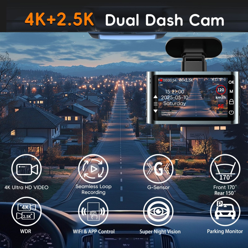 Dash κάμερα αυτοκινήτου 4K με εμπρός και πίσω καταγραφή, 170° πεδίο θέα, 2GB μνήμη, επαναλαμβανόμενη καταγραφή, οθόνη 2,0 ιντσών