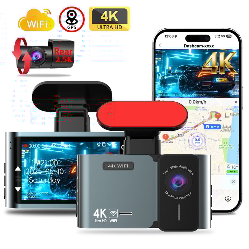 Dash κάμερα αυτοκινήτου 4K με εμπρός και πίσω καταγραφή, 170° πεδίο θέα, 2GB μνήμη, επαναλαμβανόμενη καταγραφή, οθόνη 2,0 ιντσών