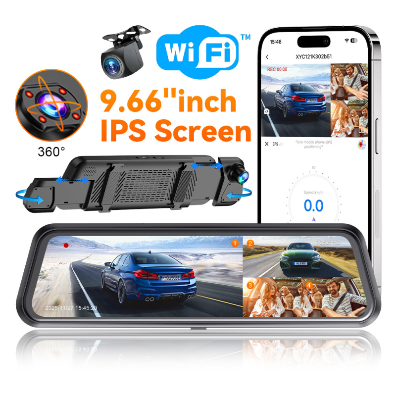Dash cam u zrcalu stražnjeg pogleda s četiri objektiva, 1080p, glasovne upute, prikaz vožnje unazad, noćni vid