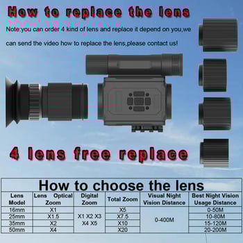 Telescope infraroșu pentru vedere nocturnă NK008 - până la 20x mărire, rază 0-400 m, tensiune 3,7 V, greutate 0,35 kg, HD pentru iluminare redusă
