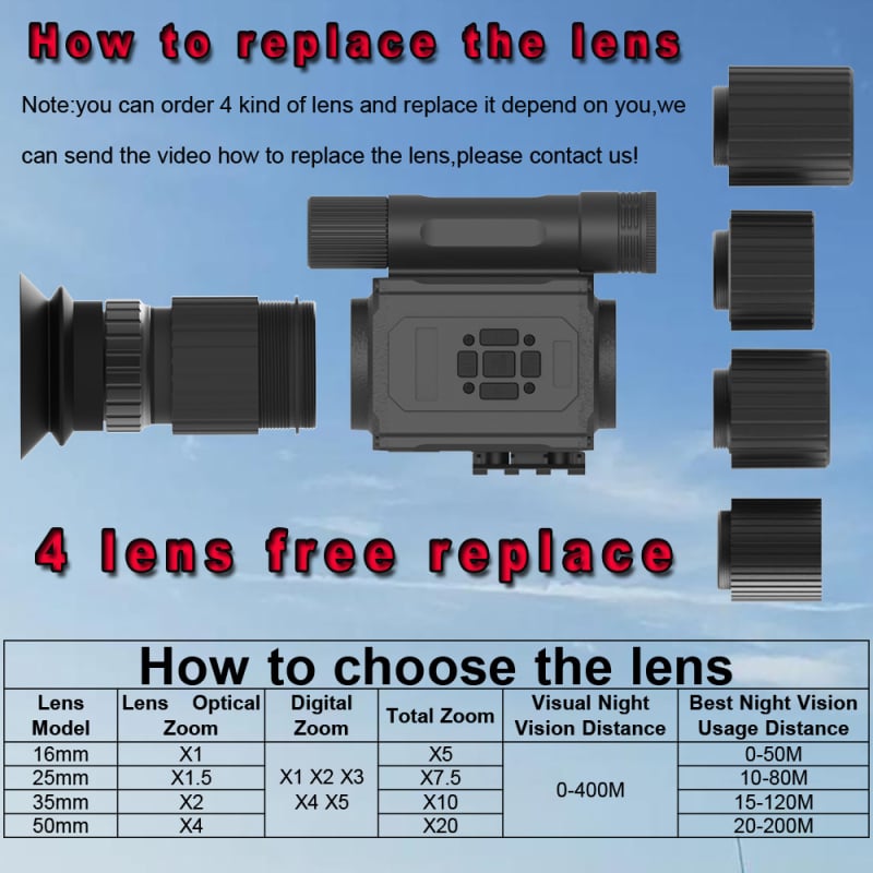 Telescope infraroșu pentru vedere nocturnă NK008 - până la 20x mărire, rază 0-400 m, tensiune 3,7 V, greutate 0,35 kg, HD pentru iluminare redusă