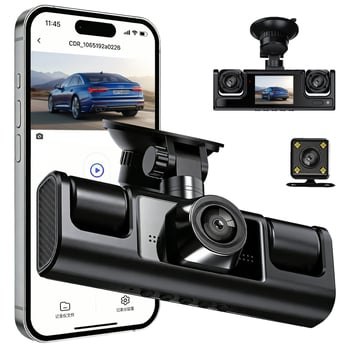 Автомобилен видеорегистратор с три камери — 1080p, 100° ъгъл, F2.8, запис преден/вътрешен/заден, обратно изображение, USB/AV, TF карта