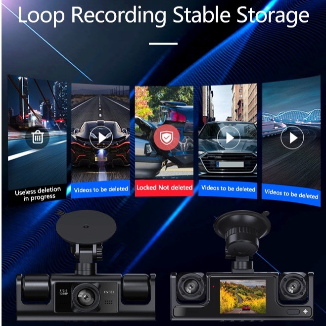 Автомобилен видеорегистратор с три камери — 1080p, 100° ъгъл, F2.8, запис преден/вътрешен/заден, обратно изображение, USB/AV, TF карта