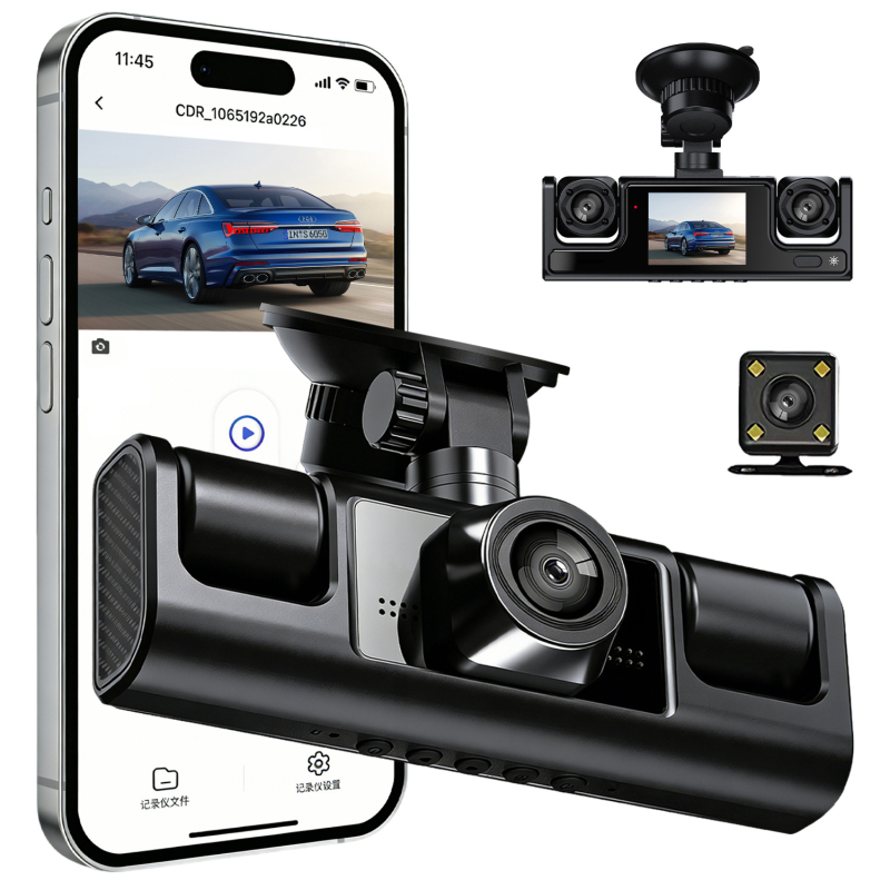Автомобилен видеорегистратор с три камери — 1080p, 100° ъгъл, F2.8, запис преден/вътрешен/заден, обратно изображение, USB/AV, TF карта