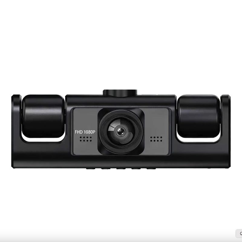 Автомобилен видеорегистратор с три камери — 1080p, 100° ъгъл, F2.8, запис преден/вътрешен/заден, обратно изображение, USB/AV, TF карта