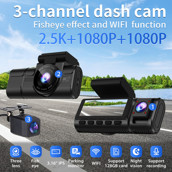 Smart Wi‑Fi автомобилен DVR с три обектива, 4K Ultra HD, 170° широк ъгъл, нощно виждане, 3,5-инчов дисплей