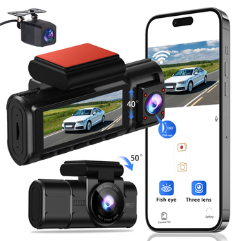 Smart Wi‑Fi автомобилен DVR с три обектива, 4K Ultra HD, 170° широк ъгъл, нощно виждане, 3,5-инчов дисплей