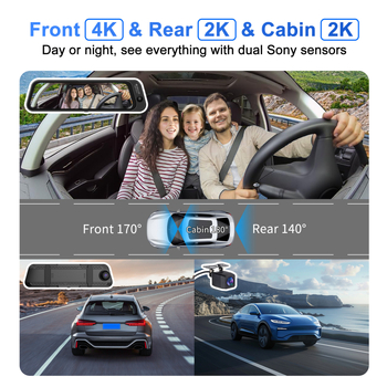 4K автомобилен видеорегистратор с 9,66-инчов сензорен дисплей, три обектива за преден и заден запис, Wi‑Fi, 170° широк ъгъл