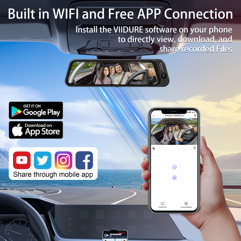 4K автомобилен видеорегистратор с 9,66-инчов сензорен дисплей, три обектива за преден и заден запис, Wi‑Fi, 170° широк ъгъл