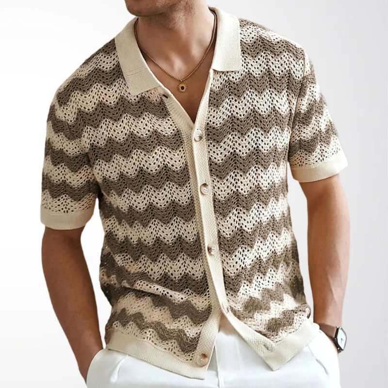 Tricou polo din viscoză (100%), mâneci scurte, croială slim, în dungi