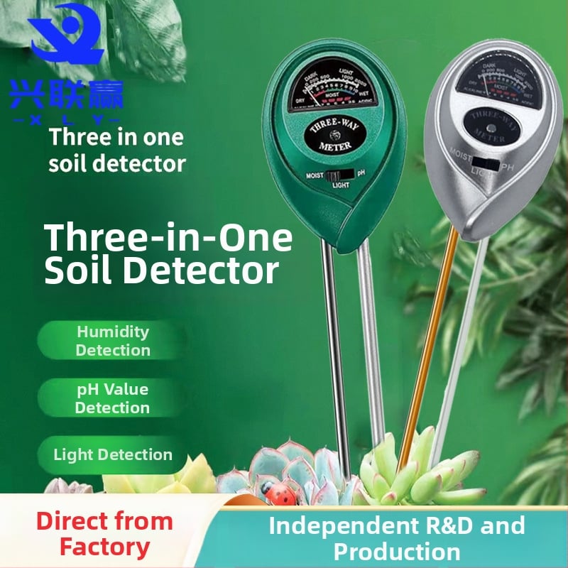 Trojzložkový pôdný detektor na vlhkosť, pH a živiny – model Three in One, značky Xing Lian Win, určený pre záhradu, kvety a kvetináče, hmotnosť 91 g.