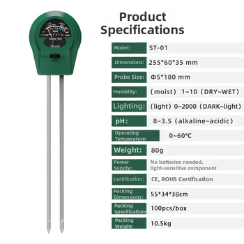 Pôdný merací prístroj 3-v-1: vlhkomer a pH meter, model ST-01, presnosť 0.1