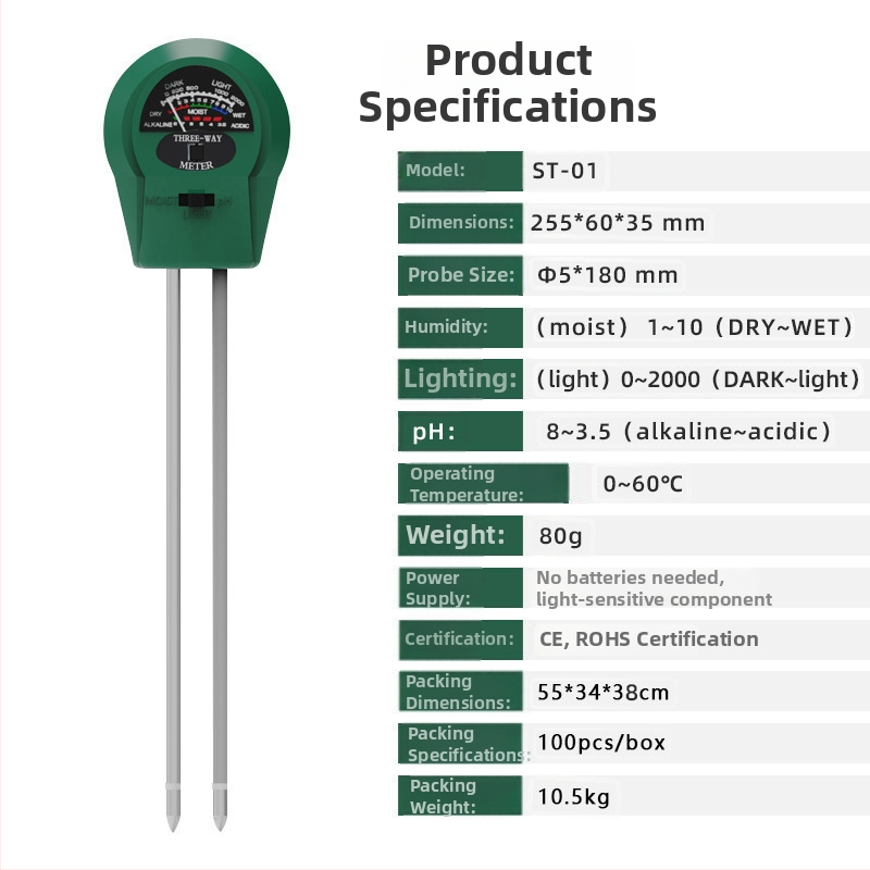 Pôdný merací prístroj 3-v-1: vlhkomer a pH meter, model ST-01, presnosť 0.1