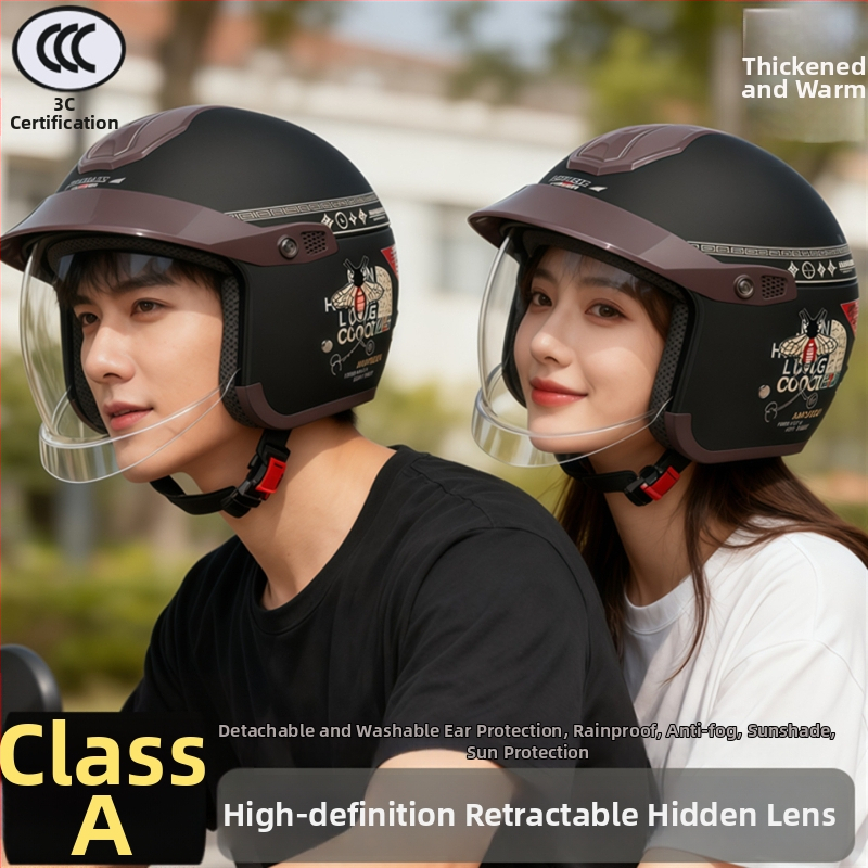 Cască pentru motocicletă electrică, 3/4, ABS, oglindă încorporată ascunsă, model 811, brand Junhao Dragon/Yongbin, universal iarnă pentru adulți, certificat 3C/GB811-2022A