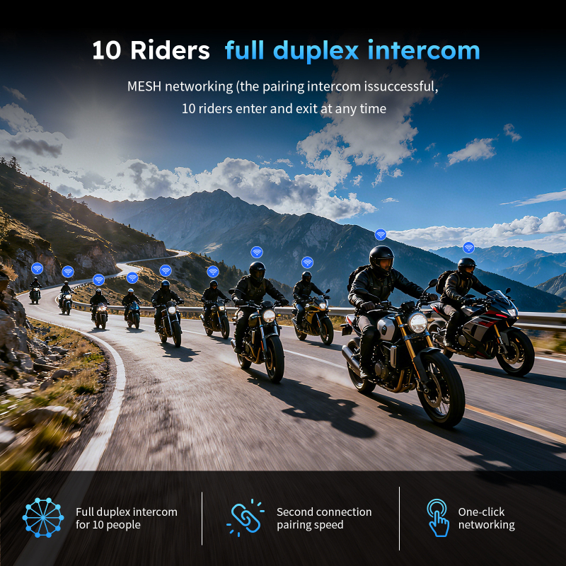 Interfon pentru cască motocicletă cu rețea mesh pentru 10 utilizatori, rază 1500 m, Bluetooth 5.0, baterie 28 h
