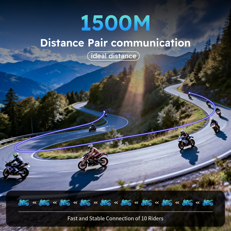 Interfon pentru cască motocicletă cu rețea mesh pentru 10 utilizatori, rază 1500 m, Bluetooth 5.0, baterie 28 h