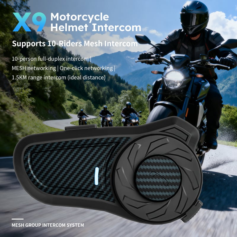 Interfon pentru cască motocicletă cu rețea mesh pentru 10 utilizatori, rază 1500 m, Bluetooth 5.0, baterie 28 h