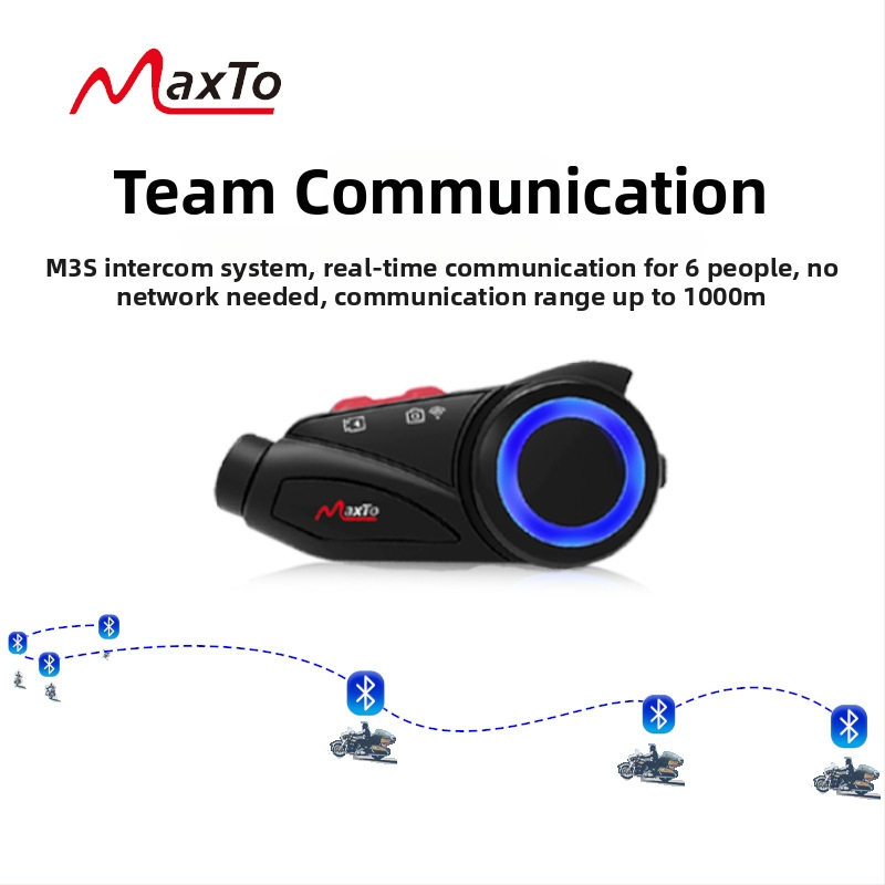 Maxto M3 Bluetooth slúchadlo na prilbu: interkom pre 6 osôb, dosah 1000 m, 360° otáčanie, Bluetooth 5.0, výdrž 36 h